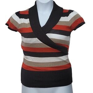 A.Byer Striped Ribbed Knit Short Sleeve‎ Mock Neck Top Y2K Retro Office